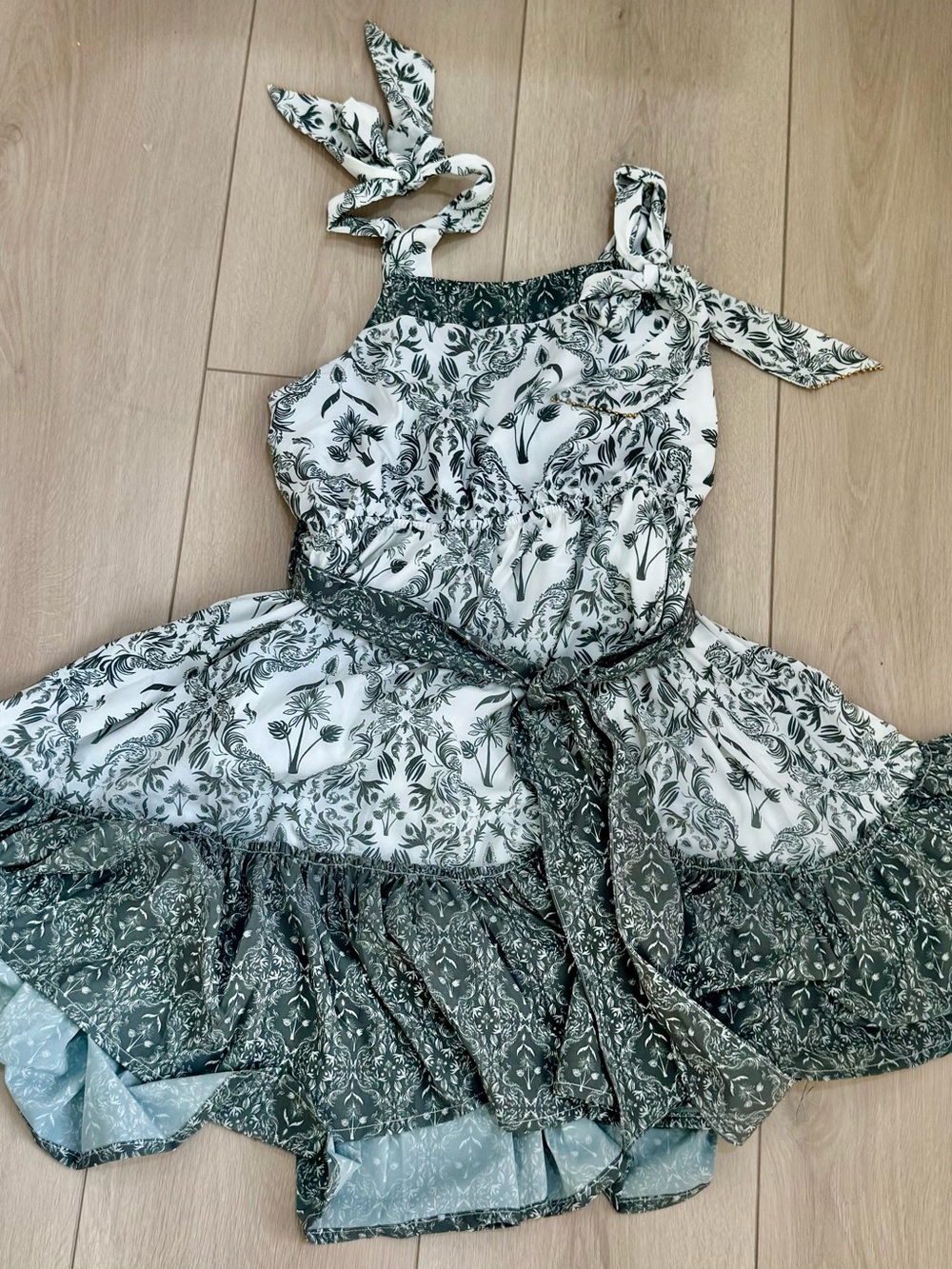 NWT Green and White Floral Tie-Shoulder Swim Coverup Dress with Self-Tie Waist